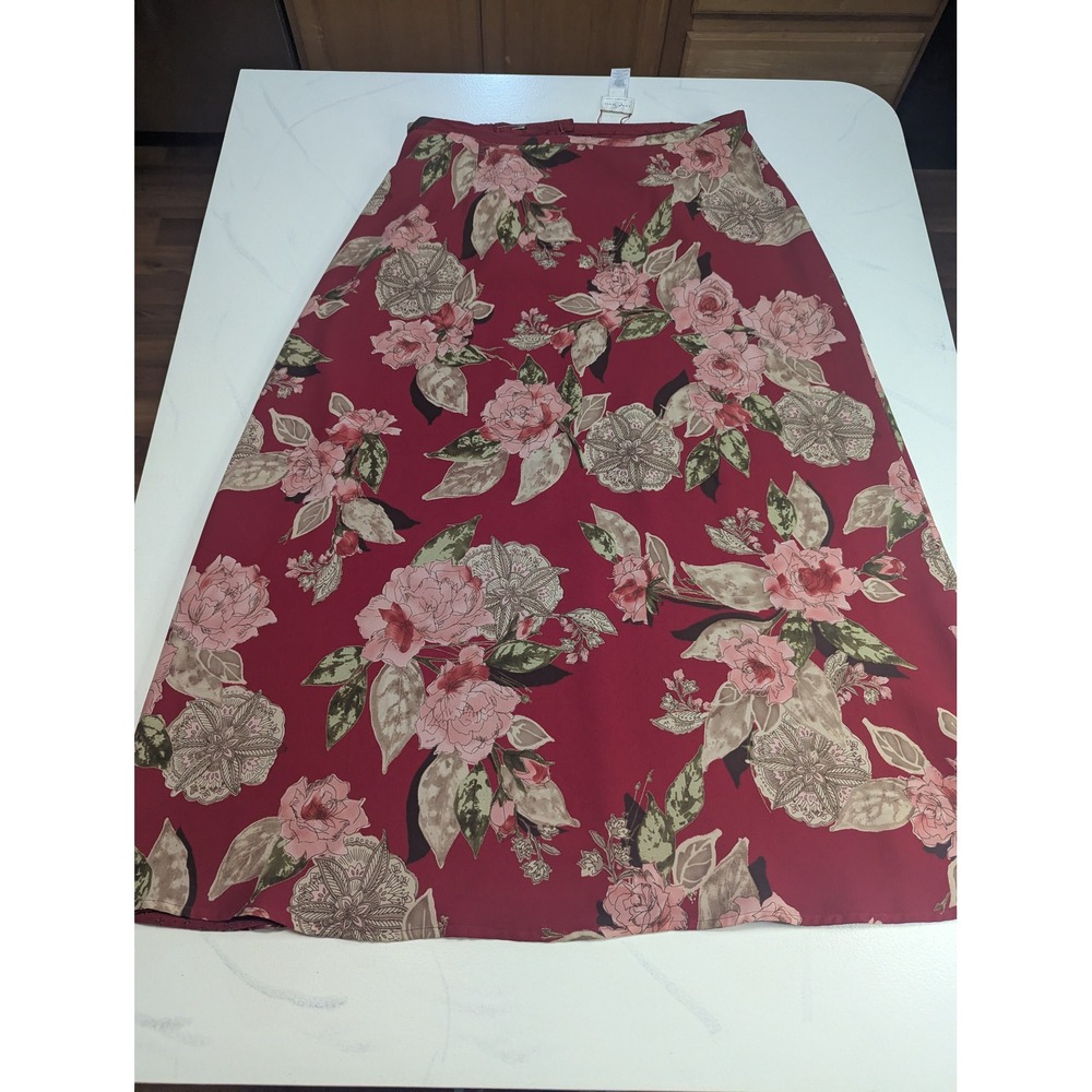 Emma James Liz Claiborne Burgundy Floral Paisley Skirt Size 16 Red Lined